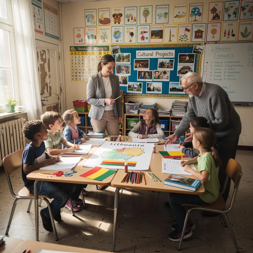 Vaikų mokyklos klasė, kurioje naudojamos modernios mokymo priemonės.